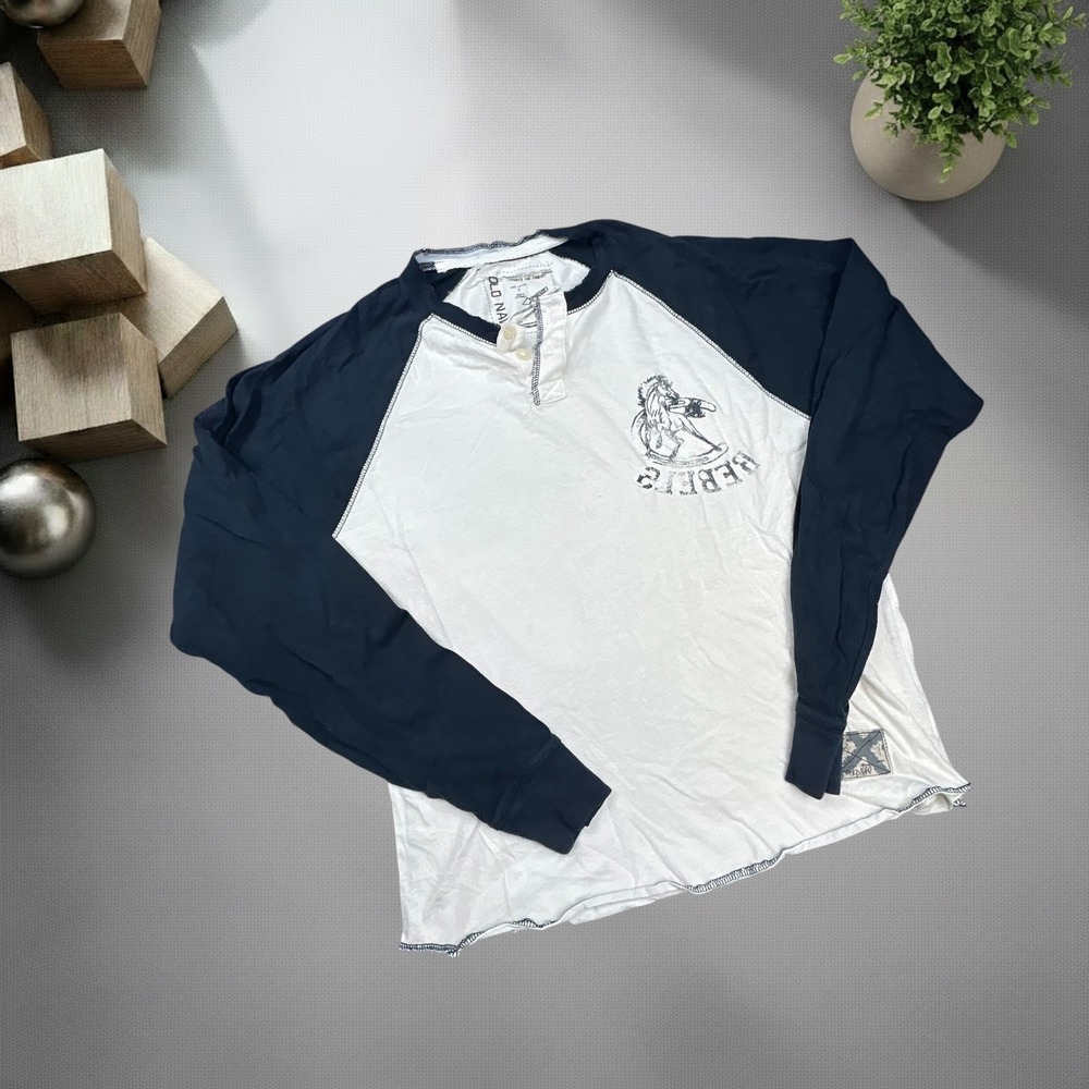 Old Navy Vintage Y2K Raglan Henley Shirt Mens Small White Black Horse Graphic